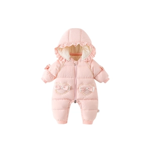 Pink hooded baby romper with heart pockets, pearl beads and cute bow decorations