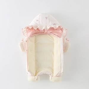 Warm floral baby winter jumpsuit with thick fleece lining and delicate lace hood