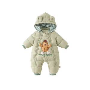 Winter padded baby bodysuit in light green with cute bear ears and peanut embroidery
