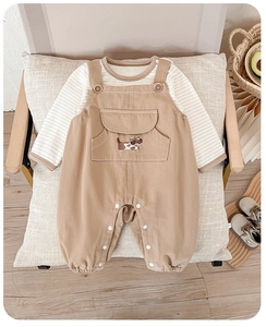Detailed view of baby cotton set featuring striped shirt and overalls with puppy embroidery