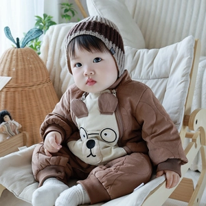Infant winter padded romper in brown featuring a cute cartoon dog on a wooden chair