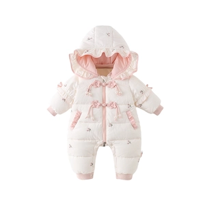 Fleece-lined thermal baby romper with pink floral buttons and hood for winter warmth