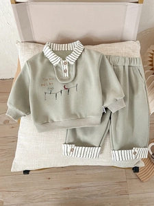 Toddler Boys Casual Cotton Blend Long Sleeve Polo Shirt And Pants Outfit Sage Green Embroidered Striped Baby Clothes