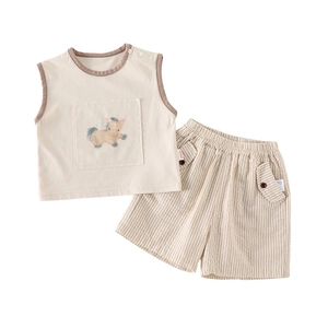 Toddler boys summer cotton set featuring sleeveless vest with cartoon horse and striped shorts