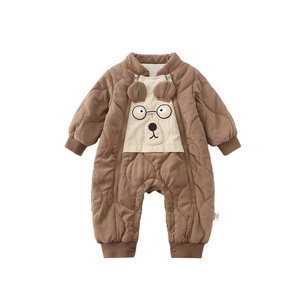 Brown quilted infant winter jumpsuit with cartoon bear applique and dual zipper design