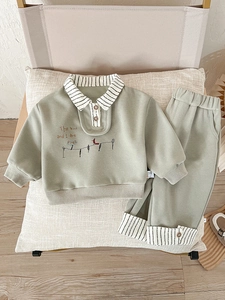 Kids sage green long sleeve polo sweatshirt and joggers set with stylish bird embroidery