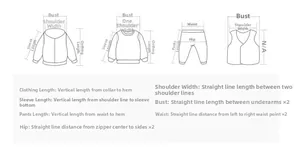 Size guide showing measurement methods for chest, shoulder, sleeve, and pant length