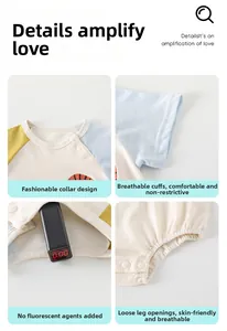 Detail view of cotton baby bodysuit featuring snap collar and zero fluorescence safety test