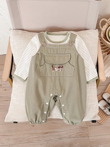 Baby Boy Spring Clothing Outfit Long Sleeve Striped Shirt and Dog Embroidery Suspender Pants Cotton Apparel for Toddlers