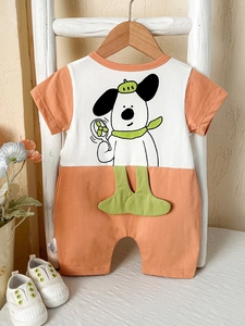 Barboteuse à Manches Courtes en Mélange de Coton pour Bébé Garçon Imprimé Chien de Dessin Animé Couleur Contrastée Combinaison d'Été Douce Confortable