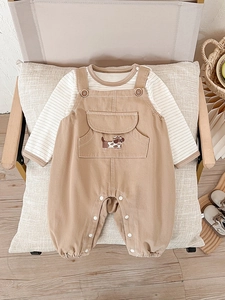 Infant striped long sleeve shirt and khaki overalls with puppy embroidery set
