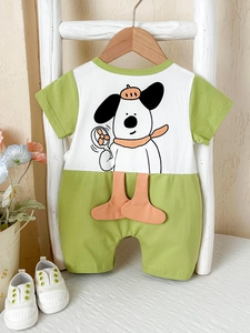 Barboteuse bébé à manches courtes blanc et vert avec motif chien et pieds en 3D