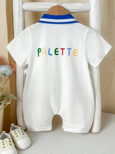 White cotton baby short sleeve romper with striped collar and palette print