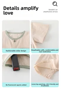 Detailed views of cotton baby romper showing soft neckline and fluorescent-free fabric safety