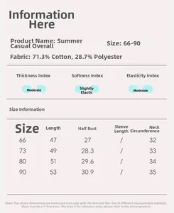 Size chart for baby sleeveless cotton jumpsuit with fabric details and measurements