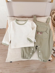 Infant cotton long sleeve striped shirt and olive green puppy overalls two-piece set