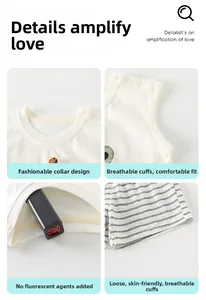 Detail view of cotton baby set featuring shoulder buttons and breathable striped shorts