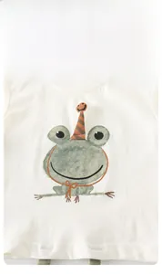 Detail of baby cotton T-shirt featuring a green frog cartoon print with party hat