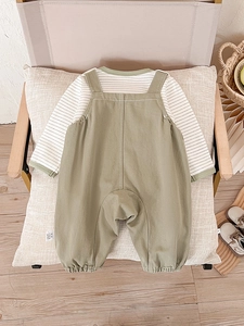 Infant cotton striped long sleeve shirt and sage green overalls two-piece outfit set