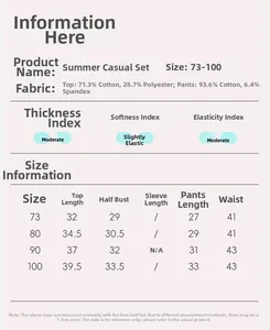 Size chart for toddler summer set showing fabric composition and detailed measurements