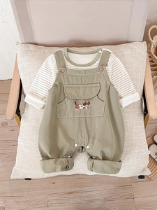 Infant two-piece set with olive green overalls and striped long sleeve cotton shirt