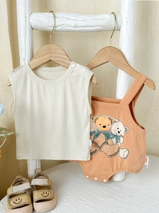 Ensemble d'Été pour Bébé Fille en Mélange de Coton T-Shirt Nervuré et Barboteuse à Bretelles Ours de Dessin Animé 2 Pièces