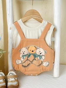 Ensemble bébé en coton avec gilet beige côtelé et barboteuse orange motif ours