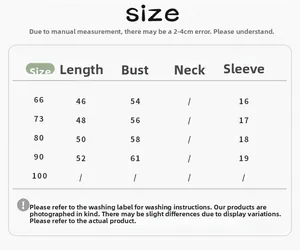 Detailed size chart for summer baby rompers showing length, bust, and sleeve measurements