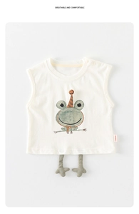 Detail of baby cotton tank top featuring a cute cartoon frog with 3D decorative legs