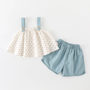 Set di Abbigliamento Estivo da Neonata Due Pezzi Floreale in Cotone Top a Canotta Con Pantaloncini Blu Completo Casual