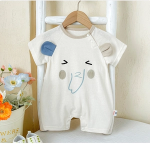 Close-up of baby romper featuring a 3D elephant design and snap buttons for easy dressing
