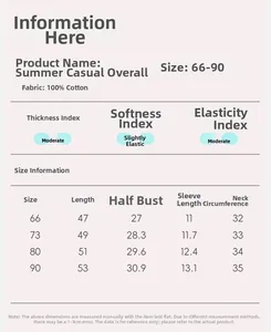 Detailed size chart for baby short sleeve romper showing measurements for 100% cotton fabric