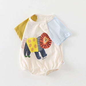 Infant Summer Cotton Blend Short Sleeve Romper Cartoon Lion Color Block Raglan Sleeve Bodysuit Baby Boy Jumpsuit