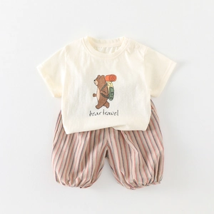 Cute two-piece baby summer outfit with bear travel printed t-shirt and striped shorts