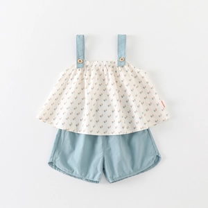 Set estivo neonata con canotta a fiori color crema e pantaloncini blu con coulisse