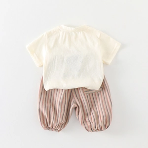 Cute two-piece cotton summer set for toddlers featuring cream T-shirt and striped bloomer shorts
