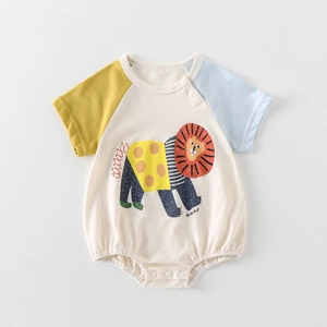 Short sleeve cotton baby romper with cartoon lion print and color block raglan sleeves