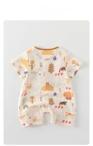 Detail of baby short sleeve cotton romper with cute duck and bear cartoon prints