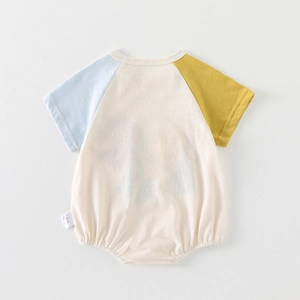 Cute cartoon baby short sleeve romper with colorful raglan sleeves in soft cotton fabric