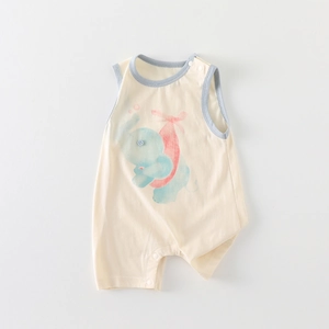 Baby cotton sleeveless romper featuring a cute elephant print in soft beige and blue