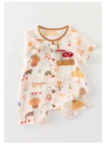 Detail of baby cotton romper with cartoon animal prints and mushroom pocket decoration