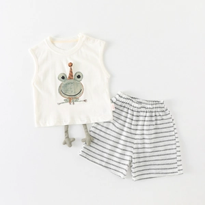 Baby Boys Summer Clothes Set Cartoon Frog Sleeveless Vest And Striped Shorts Cotton Blend Two Piece Toddler Outfit