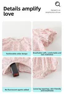 Détails du barboteuse à fleurs pour bébé montrant l'encolure, les manches et les pressions