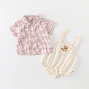 Baby Jungen Sommer Gentleman Baumwolle Outfit Set Kariert Kurzarm Umlegekragen Hemd Gestickt Bär Träger Strampler