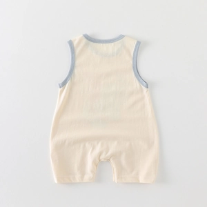 Sleeveless cotton baby romper in beige with blue trim for newborns summer wear
