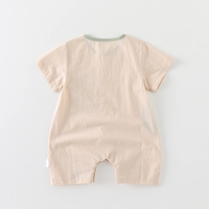 Newborn baby short sleeve romper in beige and green cotton fabric with flat back view