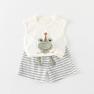 Infant cotton summer set with white cartoon frog sleeveless top and striped shorts