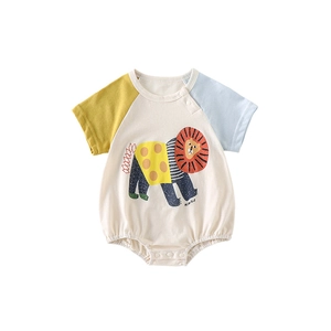 Baby summer cotton short sleeve romper with cute lion print and colorful raglan sleeves