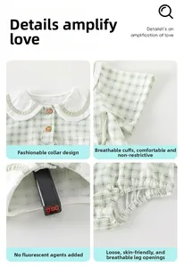 Detail of baby romper with Peter Pan collar, plaid pattern, and wood bear buttons
