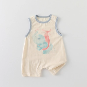 Baby sleeveless cotton romper with cute elephant print and contrast trim details